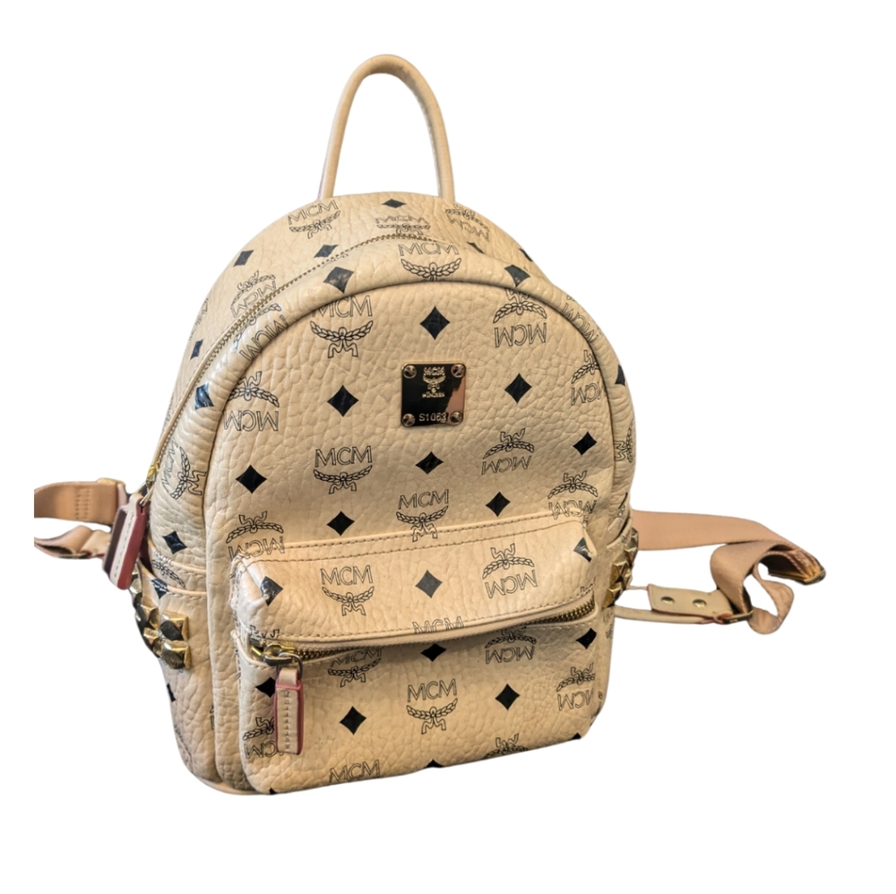 MCM MINI STARK SIDE STUDS BACKPACK IN VISETOS in CREAM & BLACK